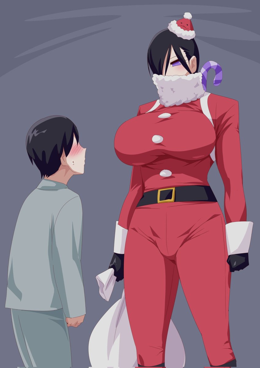 age_difference big_breasts black_hair black_hair_female black_hair_male blush blushing breasts christmas christmas_clothing christmas_hat christmas_headwear christmas_outfit dark_hair gloves kanisuka_rita mask ohsama_sentai_king-ohger older_female otokam1117 purple_eyes santa_costume santa_hat size_difference super_sentai violet_eyeshadow younger_male