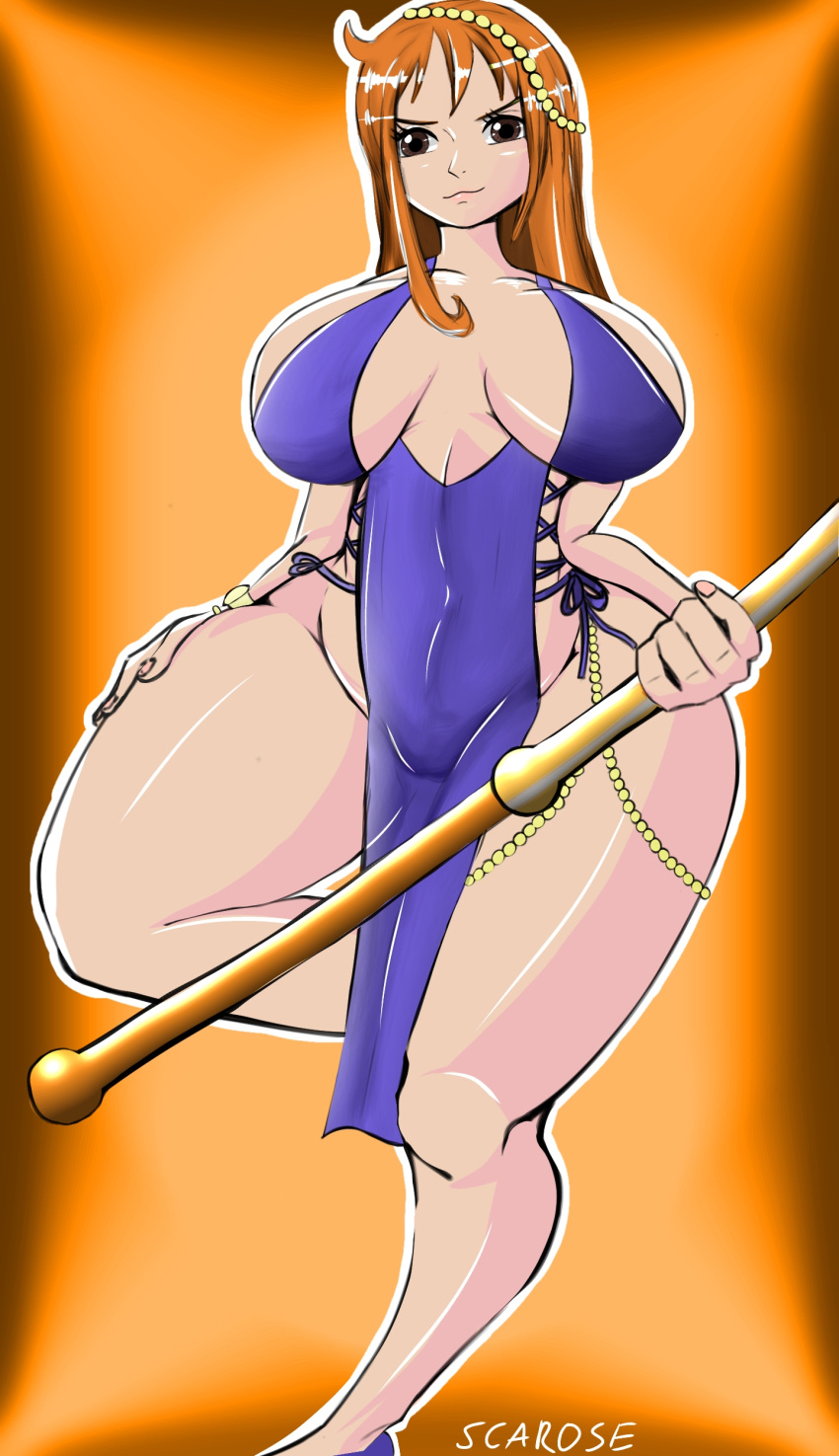 big_breasts female female_only nami one_piece orange_hair purple_dress scarose thick_thighs