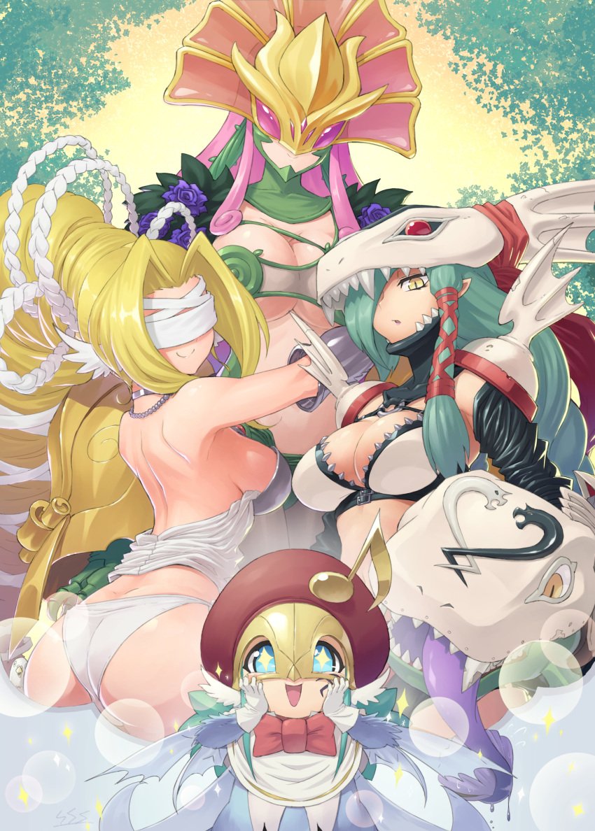 2015 4girls blindfold blonde_hair blue_sclera ceresmon costume digimon digimon_(species) female hair_over_one_eye headdress mask mervamon olympos_xii pink_hair sasasi sirenmon teal_hair venusmon yellow_sclera