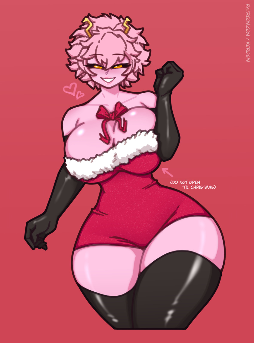 1girls ashido_mina big_breasts black_eyes breasts christmas christmas_outfit english_text female female_focus female_only kerosin looking_at_viewer mina_ashido my_hero_academia pink_body pink_hair pressing_breasts pressing_breasts_together ribbon tagme text thick thick_penis thick_thighs yellow_eyes