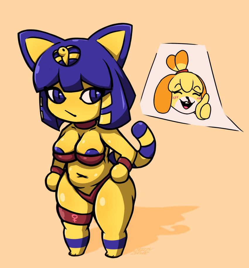 1girls animal_crossing ankha ankha_(animal_crossing) big_breasts bikini breasts chubby chubby_belly chubby_female isabelle_(animal_crossing) jaleczu nipples_visible_through_clothing shortstack thick thick_thighs