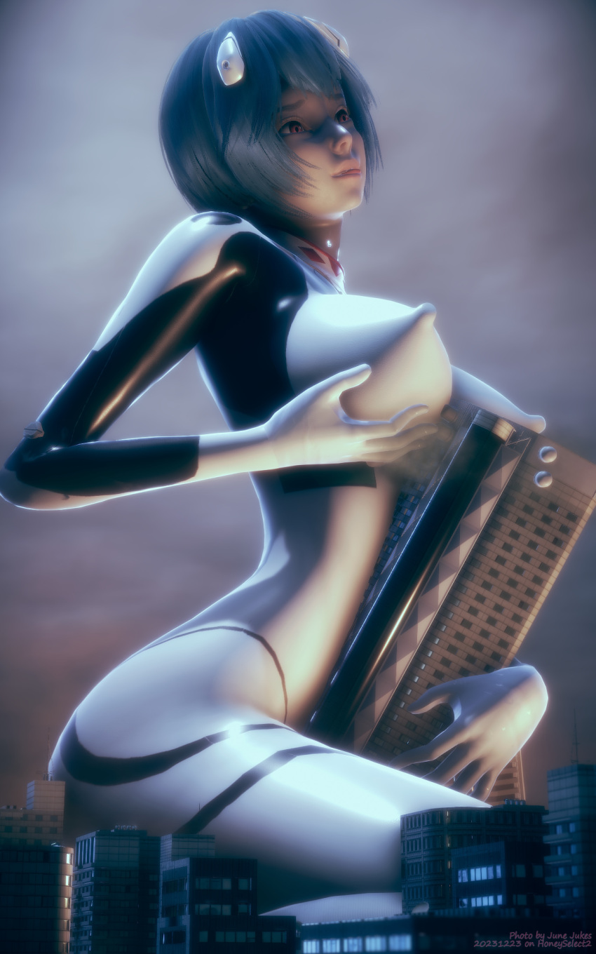 1girls 3d 3d_(artwork) anime big_breasts blue_hair breasts building building_destruction city female female_focus female_only giantess giga_giantess junejukes kneeling light-skinned_female light_skin manga neon_genesis_evangelion nipple_bulge perky_nipples plug_suit plugsuit red_eyes rei_ayanami short_hair solo solo_female solo_focus white_plugsuit