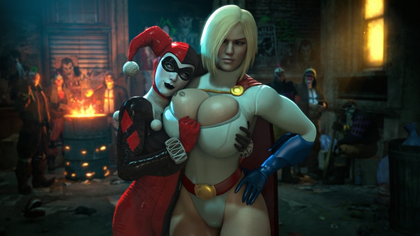 2girls 3d 3d_(artwork) alleyway alternate_breast_size alternate_version_available annoyed annoyed_expression banskinator batman:_arkham_knight batman_(series) beggar belt big_breasts big_thighs black_lipstick blonde_hair blue_eyes blue_gloves breast_kiss breast_press cape cleavage cleavage_cutout clothed clothing cropped_legs curvaceous curvy dc dc_comics domino_mask eye_mask eyebrows female female_focus fondling fondling_breast gloves hair hand_on_breast hand_on_hip hand_on_own_hip harley_quinn harley_quinn_(classic) head_on_shoulder high_resolution highleg highleg_leotard highres huge_breasts kara_zor-l kiss_mark kryptonian large_breasts leotard lesbian light-skinned_female light_skin lips lipstick lipstick_mark lipstick_on_breast long_gloves long_sleeves looking_at_another looking_at_partner makeup male mask pale-skinned_female pale_skin power_girl resting short_hair sleeves street superheroine superman_(series) supervillain thick_thighs thighs tight_clothes tight_clothing urbanator white_leotard wide_hips yuri