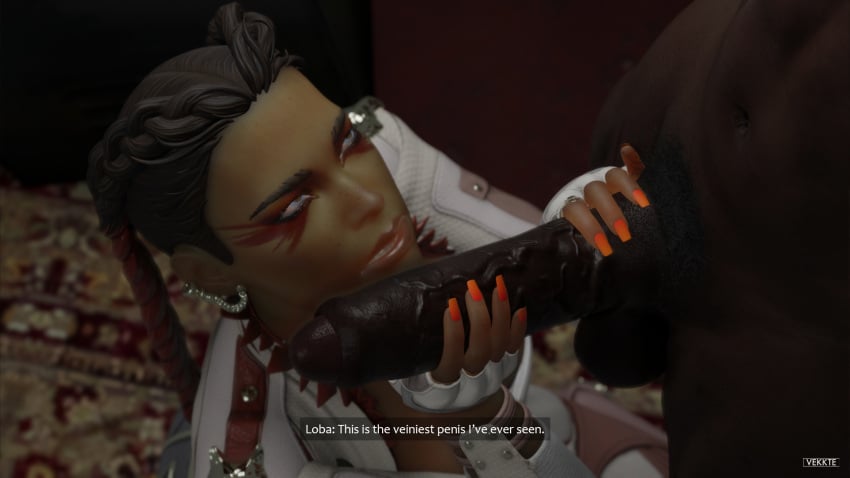 1boy 1girls 3d apex_legends blender dark-skinned_female dark-skinned_male dark_skin erection female foreskin handjob huge_cock interracial loba loba_(apex_legends) male penis seer_(apex_legends) straight text uncut veiny_penis vekkte