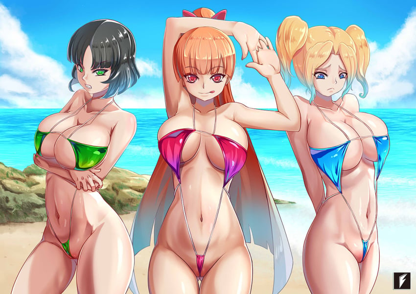 3girls aged_up beach between_labia bikini black_hair blonde_hair blossom_(powerpuff_girls) blue_clothing blue_eyes bubbles_(powerpuff_girls) buttercup_(powerpuff_girls) cartoon_network cleavage female female_only green_clothing green_eyes micro_bikini multiple_girls orange_hair powerpuff_girls pussy_wedgie red_clothing red_eyes revealing_clothes sister sisters skimpy_clothes swimsuit teng_zhai_zi