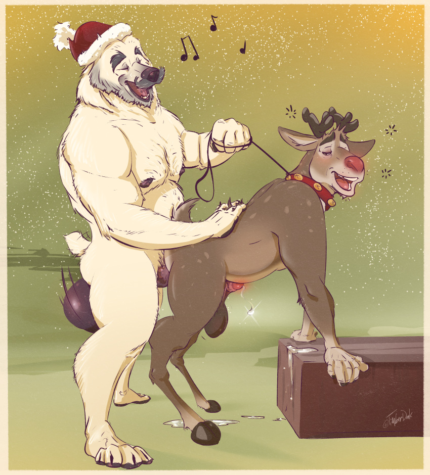 2boys absurd_res anal animal_genitalia animal_penis antlers balls bear beard big_balls bodily_fluids christmas christmas_clothing christmas_headwear clothing collar cum deer drunk erection facial_hair gay gay_sex genital_fluids genitals hat headgear headwear hi_res holidays horn leash male_focus male_only male_penetrated mammal moustache muscular new_world_deer nipples orgasm penis petplay reindeer roleplay rudolph_the_red-nosed_reindeer santa_claus santa_hat short_penis size_difference small_penis substance_intoxication timberdonk