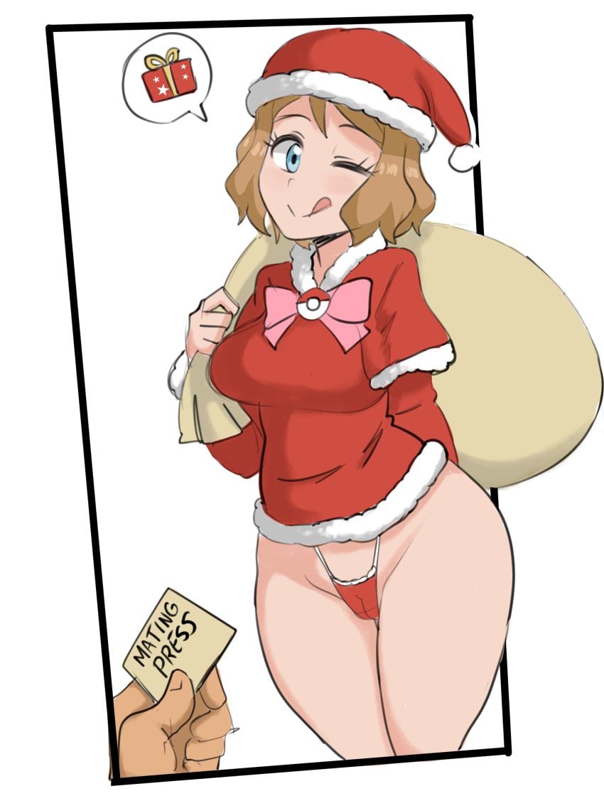 1boy 1girls blonde_hair blue_eyes breasts female game_freak imminent_sex light-skinned_female light_skin male male_pov nintendo pokemon pokemon_xy pov reach025 santa_costume santa_hat serena_(pokemon) short_hair