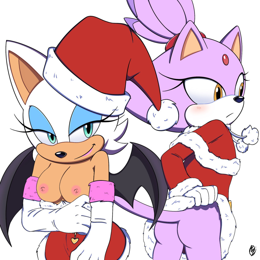 anthro ass bat_wings big_ears blaze_the_cat blush breasts christmas christmas_clothing christmas_headwear clothing duo female gloves handwear hat headgear headwear hi_res holidays humanoid innotsu lipstick looking_at_viewer looking_away makeup membrane_(anatomy) membranous_wings nipples rouge_the_bat santa_hat sega smile sonic_(series) sonic_the_hedgehog_(series) tail wings