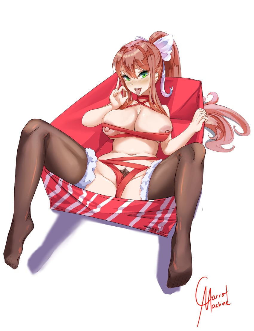 1girls areolae big_breasts blowjob_gesture breasts brown_hair carmach101 censored censored_pussy doki_doki_literature_club female female_only full_body green_eyes long_hair looking_at_viewer monika_(doki_doki_literature_club) nipples open_mouth open_smile pubic_hair ribbon smile solo solo_female thighhighs tongue tongue_out uncensored_version_at_paywall