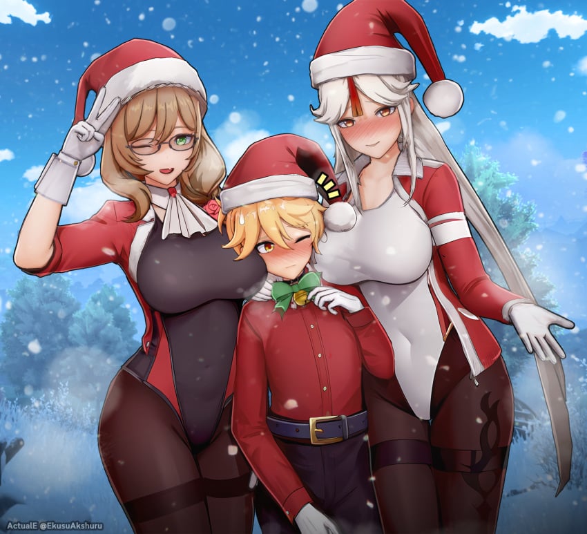 1boy 2girls 2girls1boy 3d actuale aether_(genshin_impact) before_sex big_breasts blonde_hair blush breasts christmas christmas_outfit clothed genshin_impact gift green_eyes lisa_(genshin_impact) ningguang_(genshin_impact) platinum_blonde_hair red_eyes snowing tagme taller_girl thick_thighs threesome tight_clothing touching_breast winter