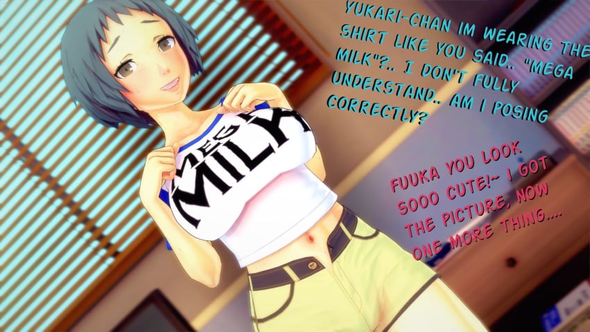 3d_(artwork) bedroom big_breasts blue_eyes blush clothed embarrassed fuuka_yamagishi huge_breasts lifted_shirt mega_milk no_panties persona persona_3 speech text text_on_clothing that_naoto_guy tight_clothing yamagishi_fuuka