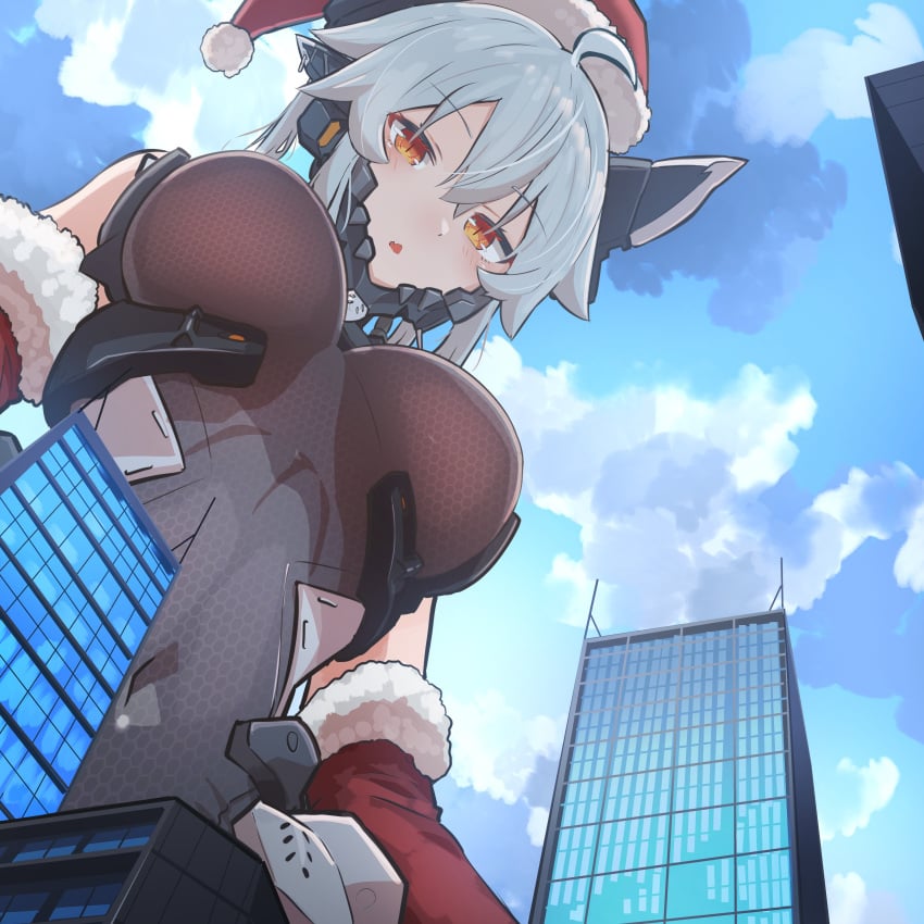 1girls big_breasts blue_hair breasts christmas christmas_hat christmas_headwear city exosuit female female_focus female_only giantess looking_down m004_(natsukaze_shigure) natsukaze_shigure original original_character short_hair sigure_dd142 solo solo_female solo_focus