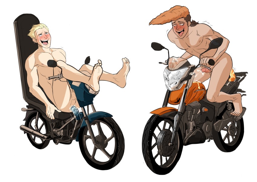 2boys abs ahe_gao anal_insertion balls biker blonde_hair blush booty_electric completely_nude_male crossover cum cum_while_penetrated danganronpa danganronpa:_trigger_happy_havoc dildo dildo_bike dildo_riding erection gay kanji_tatsumi light-skinned_male male male_only male_penetrating mondo_oowada motorcycle muscular muscular_male nipples nude_male orange_hair pecs penis persona persona_4 pleasure_face pompadour simple_background smooth_skin smooth_skinned_male tatsumi_kanji tongue_out white_background yaoi