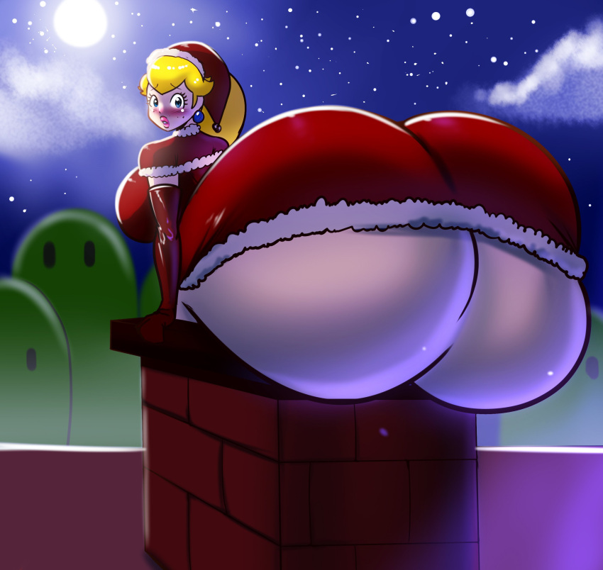 1girls ass_bigger_than_head ass_built_separately ass_focus backboob big_breasts breasts bubble_butt christmas christmas_outfit clothed dumptruck_ass female female_only hyper hyper_ass inconvenient_ass mario_(series) nintendo no_underwear outdoors pov princess_peach schnauzercito stuck super_mario_bros. underass