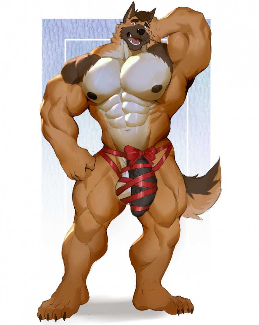 abs anthro balls biceps big_balls big_muscles big_pecs big_penis canid canine canis domestic_dog genitals german_shepherd herding_dog hi_res jason_steiner looking_at_viewer male male_only mammal muscular muscular_anthro muscular_male nipples o_reowoof pastoral_dog pecs penis ribbons solo standing