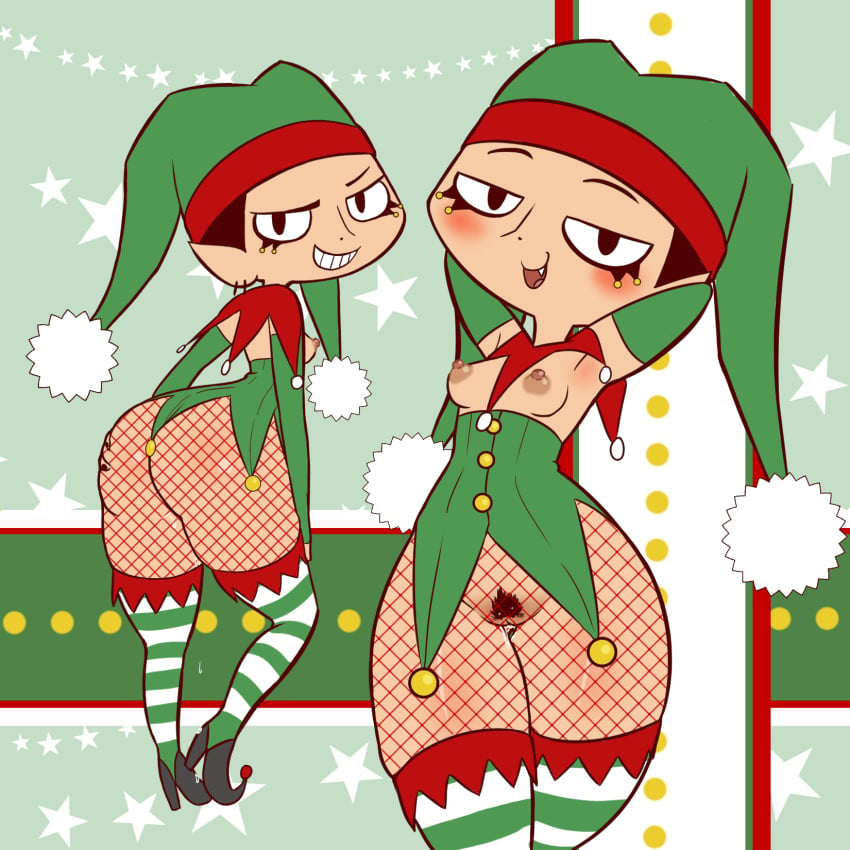 1girls armpits big_ass christmas christmas_clothing christmas_headwear christmas_outfit cosplay dripping_pussy dzyer earings elf_ears eyeliner fishnets high_heels ineffective_clothing mischievous_smile my_life_as_a_teenage_robot oerba_yun_fang pubic_hair sleeves small_breasts smiling squeezing_butt teenager thick_thighs tiff_crust wet_pussy