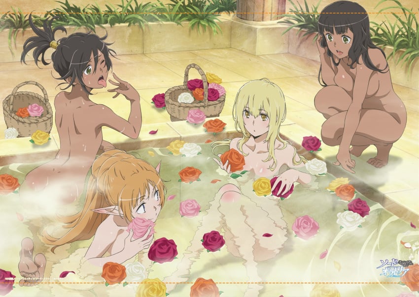 4girls aiz_wallenstein ass ass_focus bare_back bare_legs bare_shoulders barefoot bath bathing black_hair blonde_hair breasts brown_skin dark-skinned_female dark_skin dungeon_ni_deai_wo_motomeru_no_wa_machigatteiru_darou_ka elf feet female female_only from_behind high_ponytail knees_together_feet_apart large_breasts lefiya_viridis long_hair medium_breasts multiple_girls nude official_art orange_hair pale-skinned_female pale_skin petals pointy_ears ponytail pool small_breasts soles squatting steam sweatdrop tiona_hiryute tione_hiryute toes tongue tongue_out water wet wet_skin