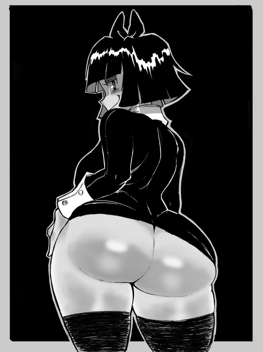 1girls ass back_view bangs big_ass big_butt black_background black_dress black_hair bubble_ass bubble_butt child_bearing_hips creepy_susie female female_focus female_only goth goth_girl gothic hand_on_hip monochrome pale-skinned_female pale_skin partially_clothed pointy_nose seductive seductive_eyes seductive_look seductive_smile shiny_hair short_hair showing_ass simple_background smile smiling smiling_at_viewer tecfuzz the_oblongs thick_thighs thighhighs thunderthighs wide_hips