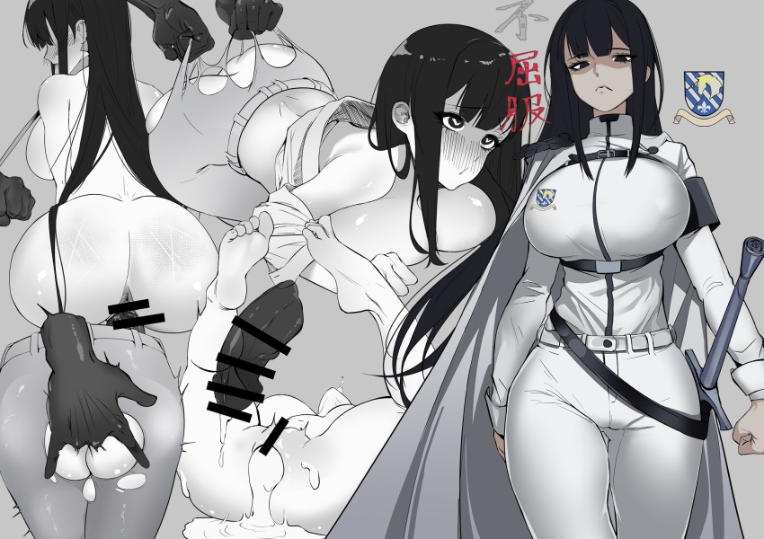 1boy 1girls black_hair censored clothed cum cum_in_pussy cum_inside dark-skinned_male female fingering_ass heart-shaped_pupils interracial large_breasts light-skinned_female long_hair male monochrome original ripped_clothing sword teira torn_clothes