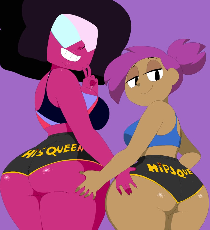 afro alien ass ass_grab big_ass big_breasts big_butt booty_shorts bottom_heavy breasts cartoon_network crossover crystal_gem dark-skinned_female dark_skin dream-cassette enid fat_ass fat_butt females females_only garnet_(steven_universe) gem_(species) gem_fusion hoshime huge_ass huge_butt large_ass large_breasts large_butt looking_at_viewer looking_back ok_k.o.!_let's_be_heroes peace_sign ponytail purple_hair red_body red_skin shortshorts smile smiling smiling_at_viewer source_request sports_bra steven_universe steven_universe_future thick_ass thick_thighs visor wide_hips