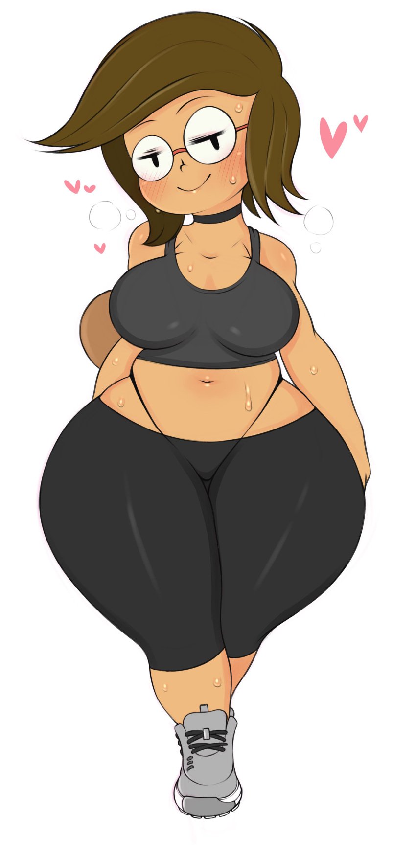 1girls big_breasts breasts choker curvaceous eileen_roberts eye_contact female glasses hearts leggings looking_at_viewer mob_face regular_show saltyxodium solo standing sweat thick_thighs voluptuous wide_hips