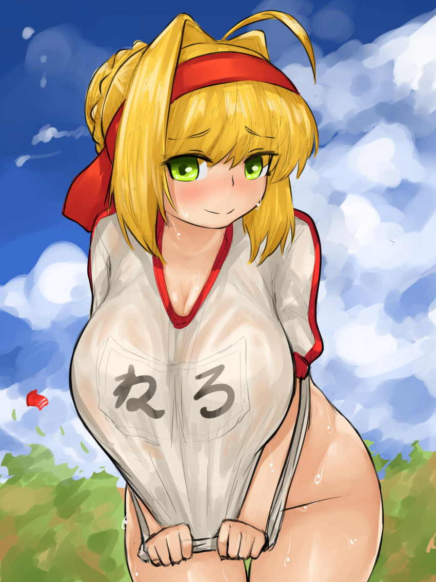 big_breasts blonde_hair bloomers blush curvy fate/extra fate/grand_order fate_(series) green_eyes gym_uniform headband huge_breasts looking_at_viewer naked_shirt nero_claudius_(fate) nero_claudius_(olympian_bloomers) pulling_clothing steaming_tofu steamingtofu sweat sweatdrop sweaty wide_hips