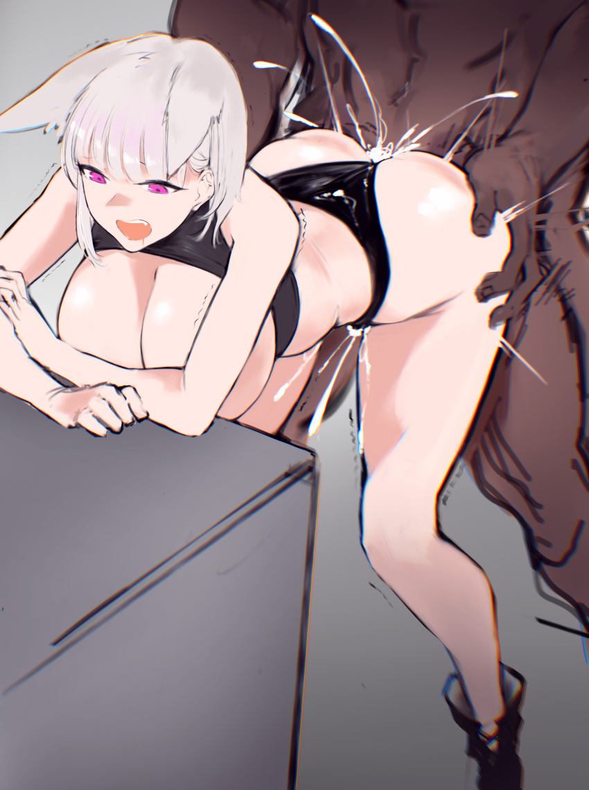 1boy 1girls ambiguous_penetration animal_ears bent_over cum cum_inside dark-skinned_male exposed_breasts grdrawww interracial open_mouth original pale-skinned_female panties pink_eyes shoes white_hair