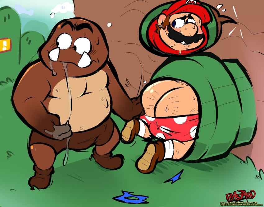 ass bara benny_(wanderer-of-time) blush bodily_fluids duo gay goomba imminent_sex male male_only mario mario_(series) nintendo pulling_down_pants saliva saliva_string shirtless stuck super_mario_bros. sweat torquewintress underwear underwear_down video_games wanderer_of_time