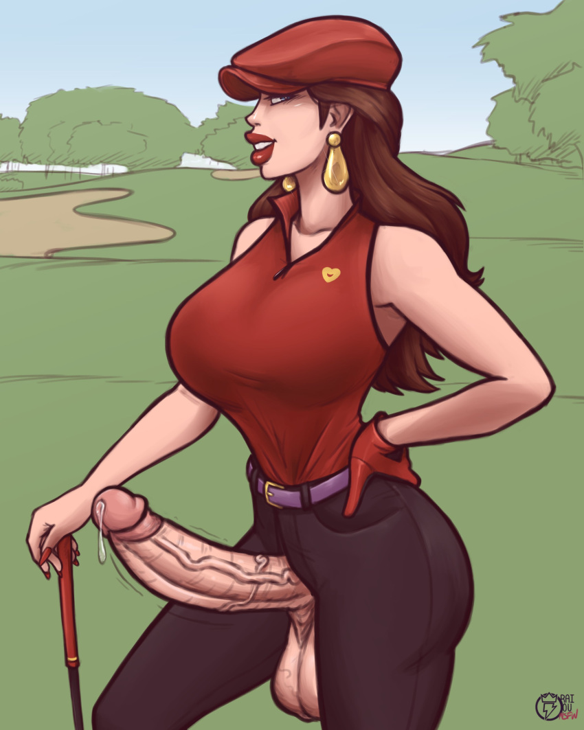 1futa alternate_version_available balls bare_shoulders big_balls big_breasts big_lips big_penis blue_eyes breasts breasts_bigger_than_head brown_hair busty cleavage clothed clothing curvy earrings exhibitionism futa_only futanari gloves golf_club golf_course hat huge_breasts human imminent_sex large_breasts light-skinned_futanari light_skin looking_at_viewer male_pov mario_(series) mario_golf mostly_clothed nintendo outdoors outside pale_skin pauline penis precum public raiounsfw seductive_look solo standing testicles