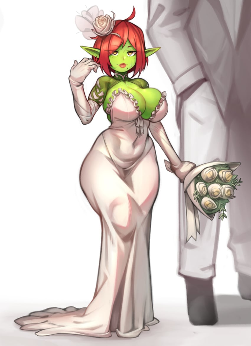 1boy 1girls absurdres ahoge bangs body_freckles borrowed_character bouquet breasts bride bursting_breasts cindi_sparxlight_(popupprism) cleavage colored_skin commentary couple covered_navel curvy dress elbow_gloves english_commentary female flower freckles gloves goblin goblin_female green_skin groom hair_flower hair_ornament hand_in_pocket head_out_of_frame height_difference highres holding holding_bouquet human humanoid husband_and_wife impossible_clothes impossible_dress interspecies interspecies_relationship kelvin_hiu large_breasts lips lipstick long_dress makeup male_human/female_humanoid mole mole_under_mouth monster_girl no_bra original parted_bangs pointy_ears red_hair shortstack shrug_(clothing) solo_focus straight strapless strapless_dress sweatdrop wedding wedding_dress white_gloves wide_hips yellow_eyes