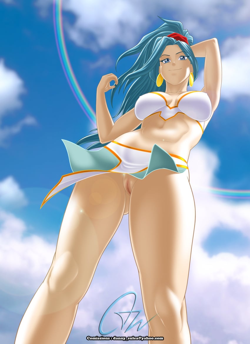 1girls aqua_hair arm_up belly belly_button blue_eyes chrono_cross chrono_trigger clouds dannysulca earrings female female female_only lens_flare long_hair no_panties no_pubic_hair outdoors outside ponytail rainbow schala shaved_pussy sky smile smirk smirking two_piece upskirt vagina