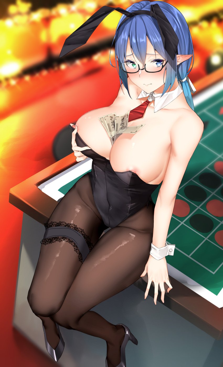 1girls animal_ears aqua_eyes bangs bare_shoulders between_breasts black_footwear blue_eyes blue_hair blush breasts bunny_ears casino cleavage commission detached_collar fake_animal_ears female glasses gradient_hair groin hair_between_eyes heterochromia high_heels highres large_breasts leg_garter leotard long_hair looking_at_viewer money money_hold multicolored_hair nipple_slip nipples original pallad pantyhose playboy_bunny pointy_ears sidelocks sitting skeb_commission solo strapless strapless_leotard thighs wrist_cuffs