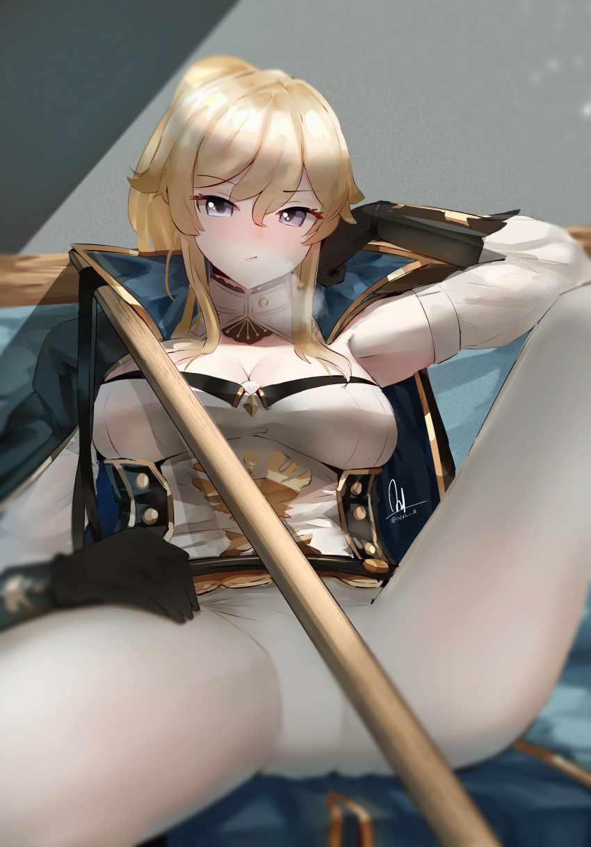 absurdres blonde_hair blue_eyes breasts cleavage female genshin_impact gloves half-closed_eyes heavy_breathing highres jean_gunnhildr large_breasts looking_at_viewer nvl pants pantylines ponytail see-through sitting solo spread_legs white_legwear