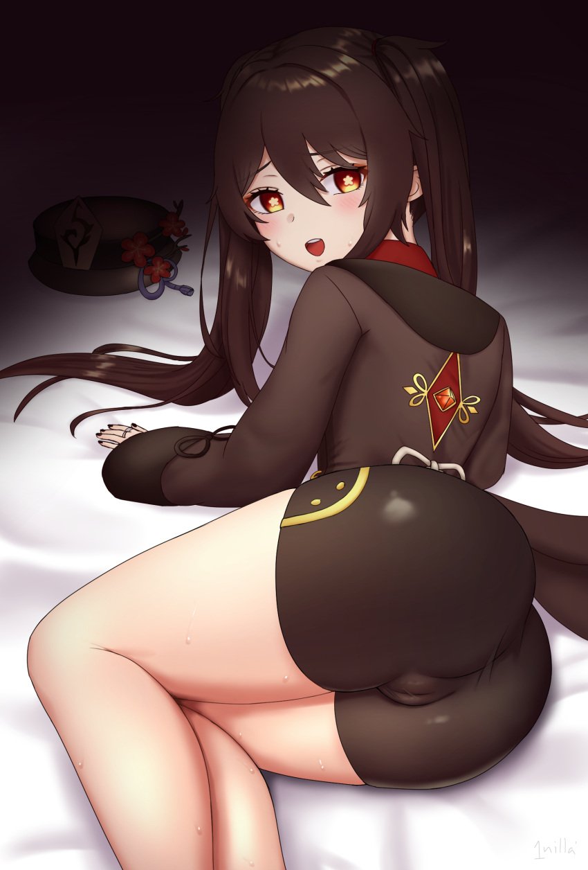 1girls 1nilla' ass bed_sheet black_hair black_nails black_shorts blush cameltoe female genshin_impact half_closed_eyes hat hu_tao_(genshin_impact) long_sleeves looking_at_viewer lying nail_polish on_bed on_side open_mouth red_eyes sewat short_shorts skin_tight smile solo thick_thighs thighs twintails wide_sleeves