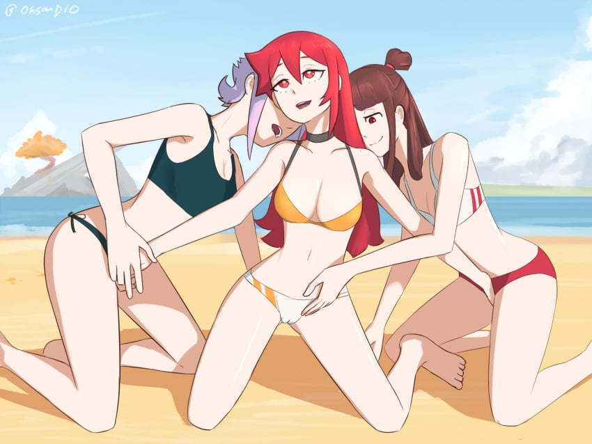 3girls akko_kagari croix_meridies little_witch_academia moe_grenadier multiple_girls oksandio shiny_chariot swimwear threesome yuri