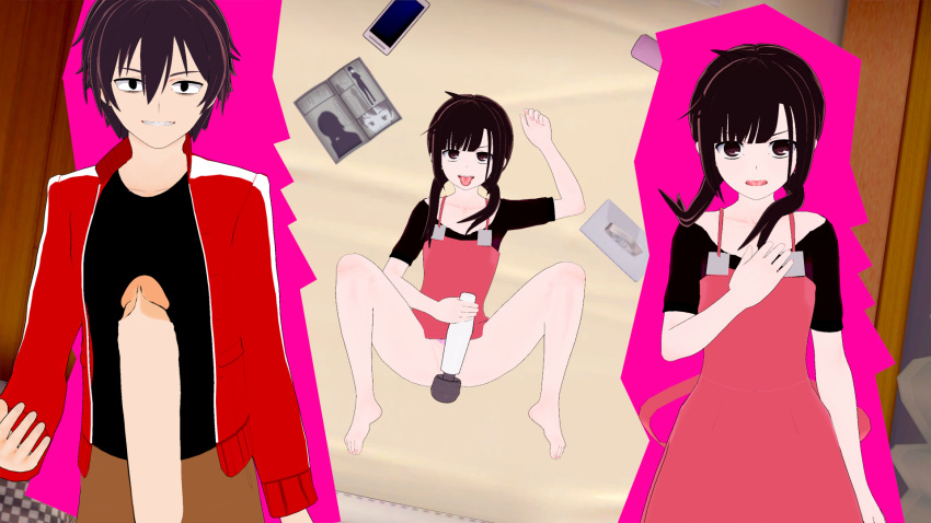 1girls 2boys 3d asahina_hiyori black_hair kagerou_project kisaragi_shintarou male/female masturbation mekakucity_actors netorare small_breasts tagme