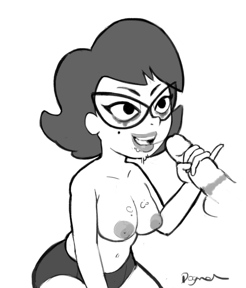 black_panties breasts cartoon_network cum cum_on_breasts dogmalord eleanor_butterbean handjob large_breasts male mole mole_under_eye monochrome partial_male runny_makeup saliva_trail short_hair the_grim_adventures_of_billy_and_mandy