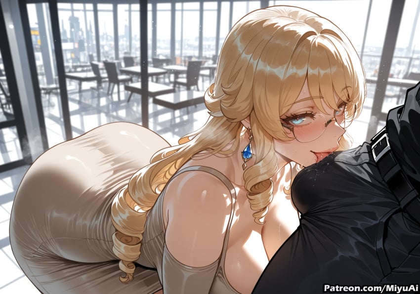 navia_(genshin_impact) genshin_impact plump mature_female miyuai ai_generated ai_assisted thick_thighs thick_ass thick thick_legs thick_hips thick_butt wide_hips wide_thighs voluptuous voluptuous_female curvy curvy_figure curvaceous curvy_female female breasts glasses blonde_hair 1girl indoors rating:questionable long_hair drill_hair bare_shoulders jewelry looking_at_viewer ass earrings blue_eyes large_breasts window blinds saliva blush ringlets sweat black-framed_eyewear elbow_gloves eyebrows_visible_through_hair bangs gloves tongue