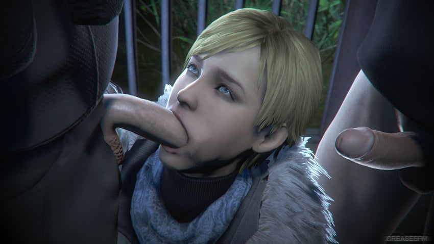 1girls 2boys 3d 3d_(artwork) blonde_hair blowjob blue_eyes capcom cheek_bulge creasesfm fellatio oral oral_sex partial_male resident_evil resident_evil_6 sherry_birkin source_filmmaker