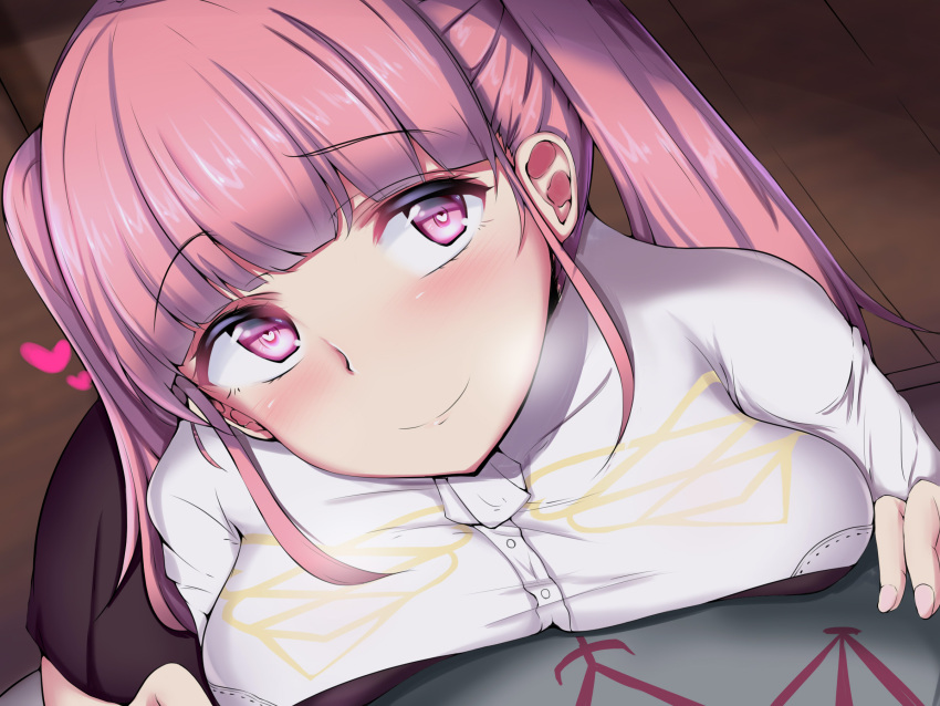 1boy 1girls bangs blush breast_press breasts byleth_(fire_emblem) byleth_(fire_emblem)_(male) ebon female fire_emblem fire_emblem:_three_houses from_above garreg_mach_monastery_uniform heart-shaped_pupils hilda_valentine_goneril large_breasts looking_up male nintendo pink_eyes pink_hair smile twintails