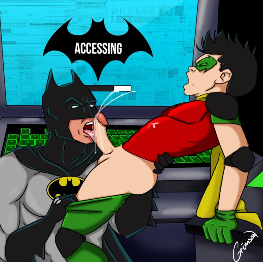 2boys age_difference ahe_gao apprentice batcave batman batman_(series) batman_symbol black_hair blowjob bruce_wayne cape computer computer_screen cowl cum cum_dripping_from_penis cum_on_clothes cumshot damian_wayne dc dc_comics dripping_cum elbow_pads erection fellatio foreskin gay gloves grimson keyboard knee_pads licking licking_penis male mask masked master mouth_open oral_sex orgasm_face orgasm_from_oral pants_pulled_down pecs penis retracted_foreskin robin_(damian_wayne) robin_(dc) slave tongue tongue_out uncircumcised yaoi younger_male