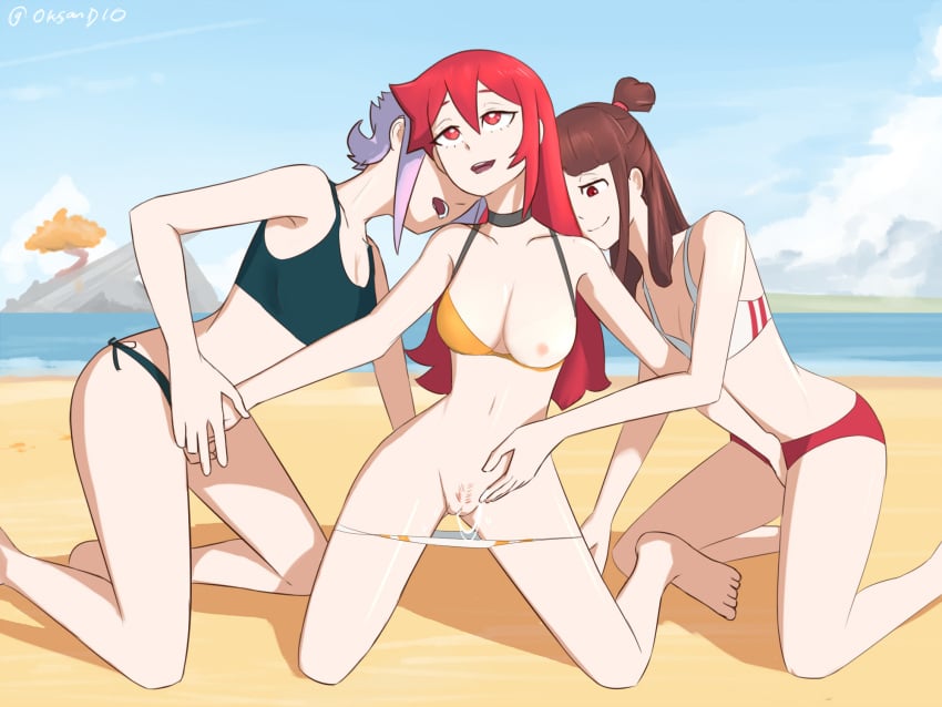 3girls akko_kagari beach croix_meridies fingering little_witch_academia moe_grenadier multiple_girls ocean oksandio shiny_chariot swimsuit threesome vagina yuri