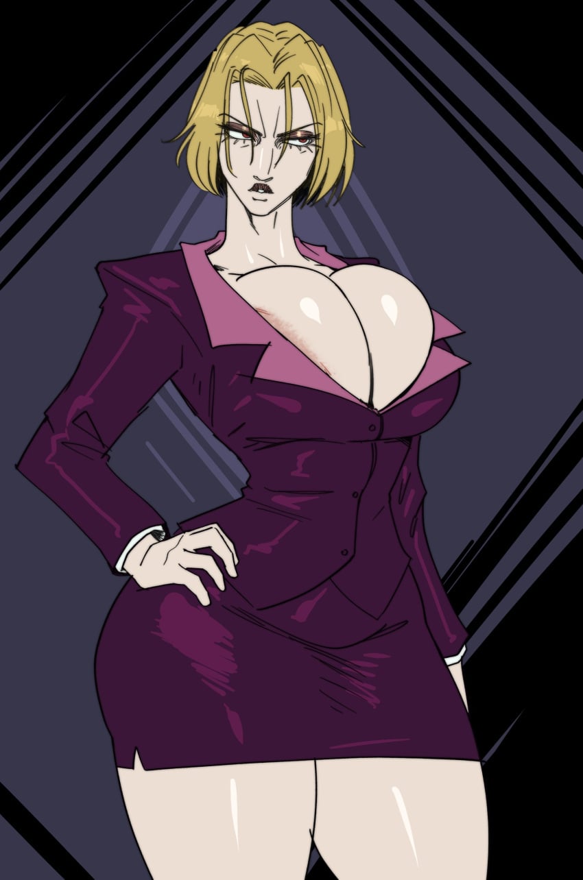 2d_(artwork) areola_slip beautiful_woman big_breasts big_butt blonde_female blonde_hair cinkoji hunter_x_hunter no_sex pakunoda purple_clothing thick_thighs tight_skirt