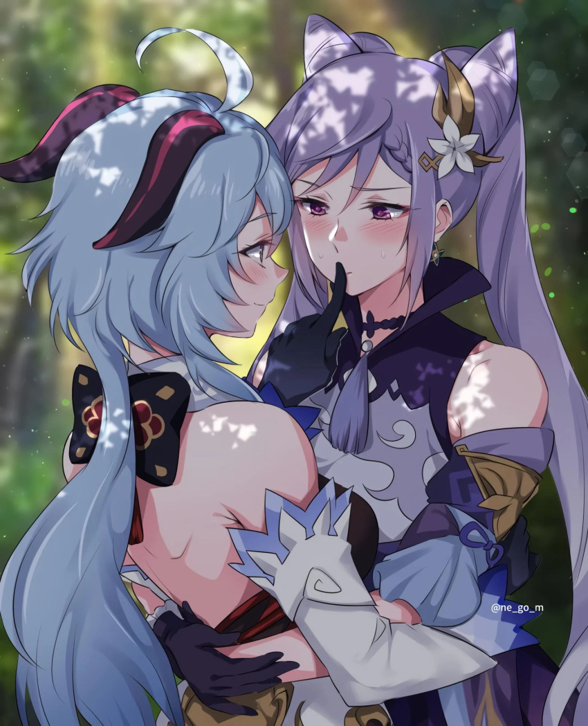 2girls ahoge arm_around_waist back bangs bare_shoulders black_gloves blue_hair blurry blurry_background blush bow braid detached_sleeves dress finger_to_another's_mouth flower from_behind ganqing ganyu_(genshin_impact) genshin_impact gloves goat_horns hair_cones hair_flower hair_ornament horns hug keqing_(genshin_impact) long_hair long_sleeves looking_at_another multiple_girls negom purple_dress purple_hair shh sidelocks tassel twintails twitter_username upper_body very_long_hair watermark yuri