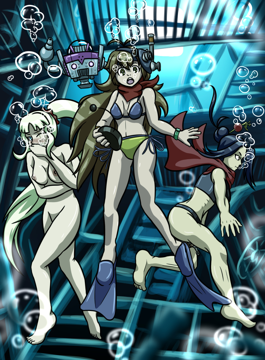 3girls bikini blonde_hair blush breath_holding brown_eyes brown_hair bubbles caroline_(metal_slug) dark_blue_hair digital_media_(artwork) diving dragunov_(metal_slug) drone flowing_hair hair_bun long_hair metal_slug metal_slug_attack multiple_girls naked nipples ponytail scar scarf sea shipwreck snk snorkel swimming swimming_fins toned underwater unknownlewder yoshino_(metal_slug)