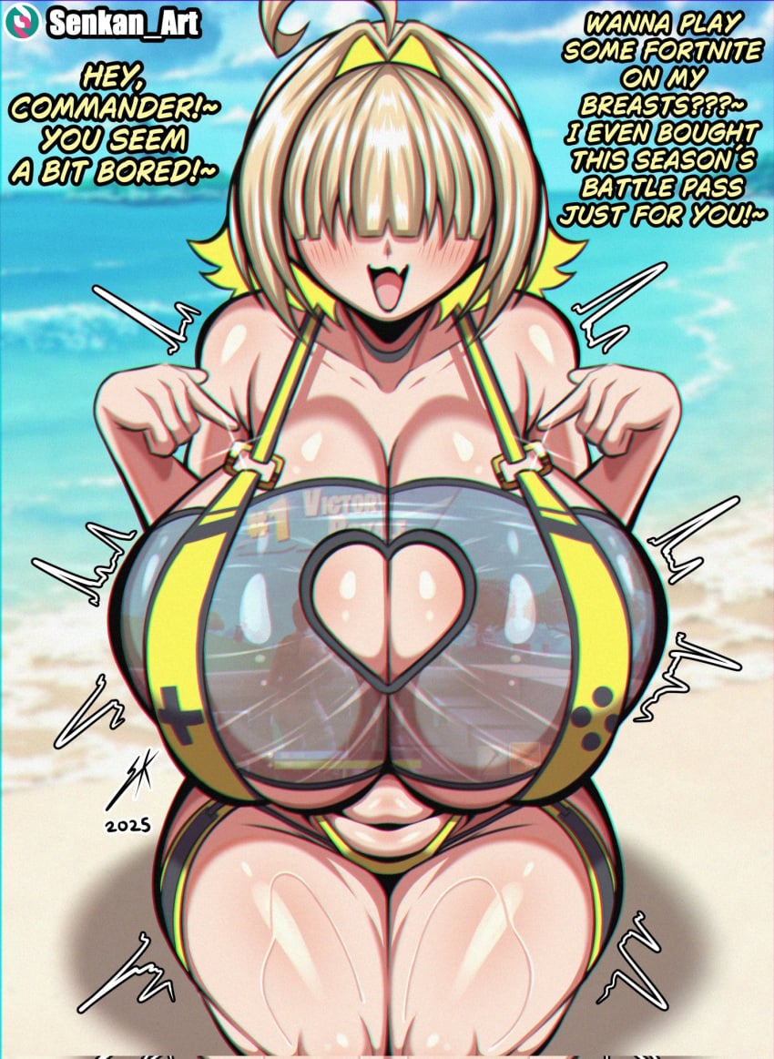 ahoge blonde_hair cleavage cleavage_cutout elegg_(boom_and_shock)_(nikke) elegg_(nikke) goddess_of_victory:_nikke hair_over_eye senkan_art sling_bikini yellow_bikini yellow_highlights