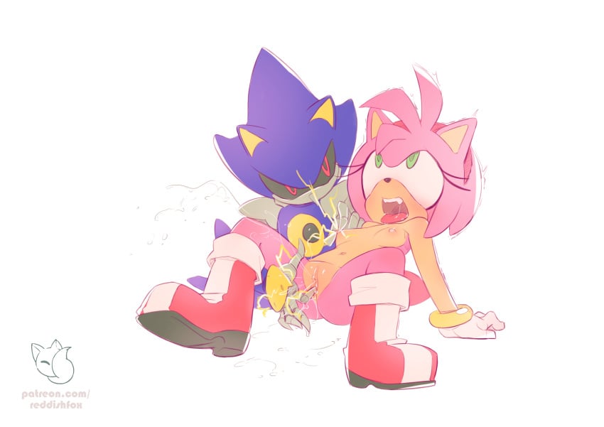 absurd_res amy_rose anthro blue_body blush bodily_fluids boots breasts clothing duo electricity electrostimulation eulipotyphlan female fingering footwear fur genitals gloves green_eyes handwear handwear_and_footwear_only hedgehog hi_res leaning leaning_back looking_at_another looking_up machine male male/female mammal metal_sonic metallic_body mostly_nude navel nipple_fetish nipple_pinch nipple_play nipples open_mouth pinch pink_body pink_fur pussy red_eyes reddishfox_(artist) robot saliva simple_background small_breasts sonic_(series) sonic_the_hedgehog_(series) sparks spread_legs spreading squirting tongue tongue_out vaginal white_background white_clothing white_gloves