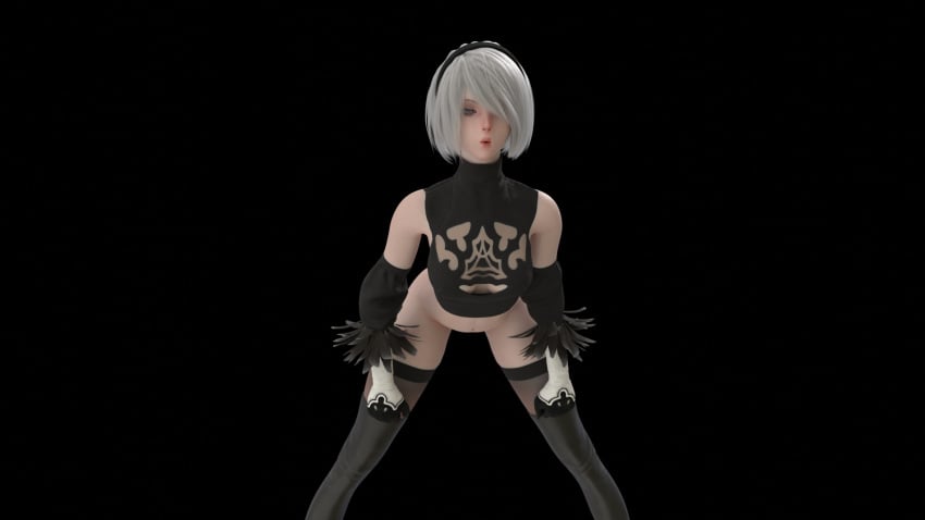 3d bending_forward blue_eyes exposed_shoulders exposed_stomach feathers headband looking_down nier:_automata no_panties renderingbutts work_in_progress yorha_2b