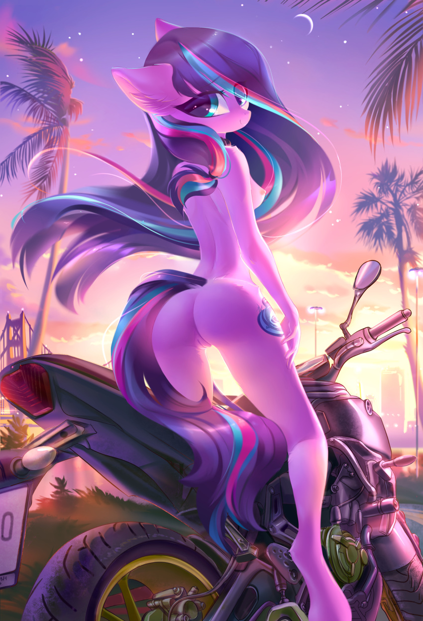 absurdres anthro ass breasts city equid equine fan_character female floppy_ears friendship_is_magic fur furry genitals hasbro highres horse jumperkit looking_at_viewer looking_back mammal moon motorcycle my_little_pony nude palm_tree pink_body pink_fur plant pony purple_hair pussy scenery serenity_pond_(shooterism) sideboob solo sunset tree vaporwave vehicle