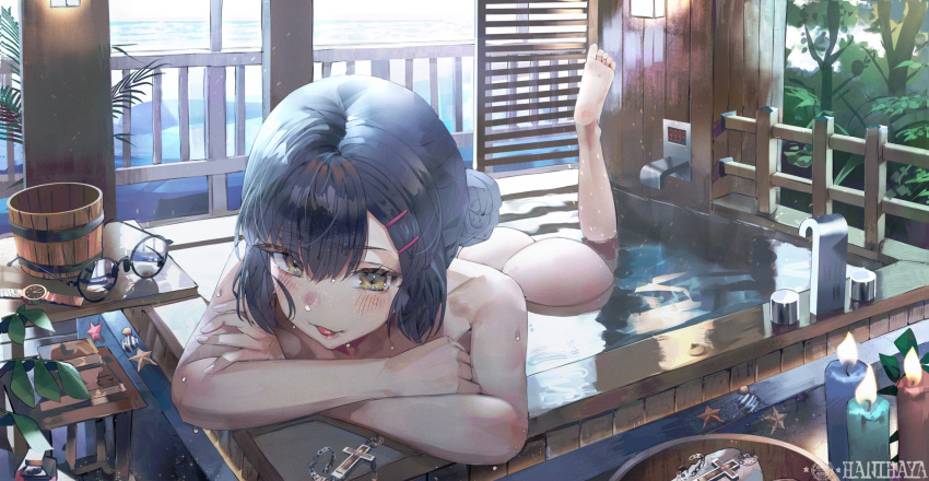 1girls arms_crossed ass bath black_hair detailed_background exposed_ass female female_only hani_haya hi_res short_hair tongue_out water